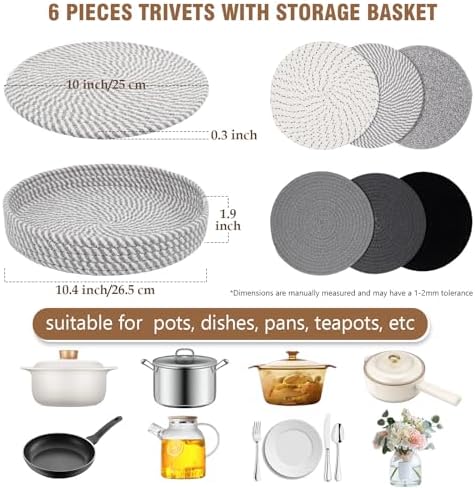 10 Inch Trivets for Hot Dishes, 6 Pack Hot Pads with Storage Basket