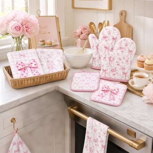 Pink Bows Kitchen Decor Set, 8 Pcs Coquettte Bow Home Accessories with
