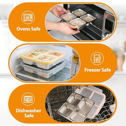 4 Pack Stainless Steel Snack Containers with Lids, 4-Compartment