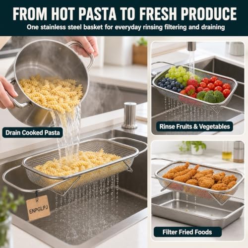 Stainless Steel Expandable Over-The-Sink Colander Basket Mesh Strainer