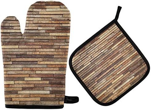 QMXO Abstract Vintage Wooden Brown Oven Mitts Quilted Cotton Lining