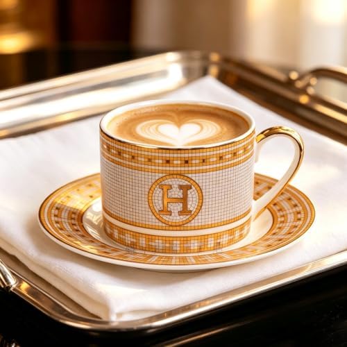 Gold Mosaic H Ceramic Coffee Cup & Saucer Set, 8 OZ Luxury European