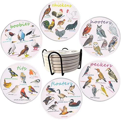 Bird Ceramic Coasters For Drinks with Holder And Cork Base, Set Of 6