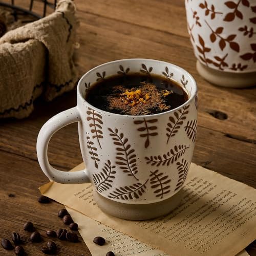 18 Oz Large Ceramic Coffee Mug Set of 2 - Rustic Handmade Floral Mugs