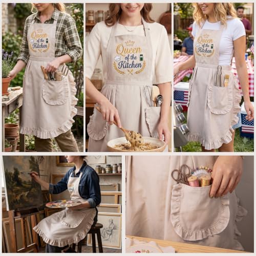 Elife Embroidered Apron,Ruffle Kitchen Cooking Apron with Pockets for