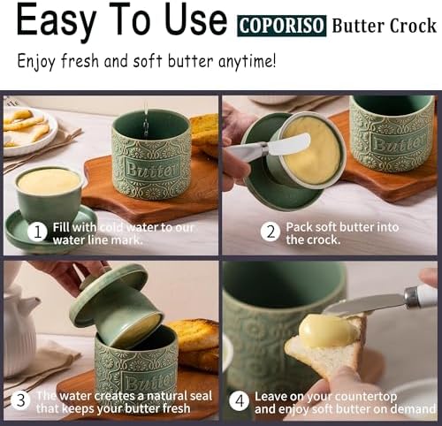 Ceramic Butter Crock with Lid, French Butter Dish with Water Line for