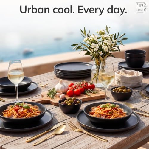 24 Piece Black Dinnerware Set for 8, Stoneware Black Plates and Bowls Set
