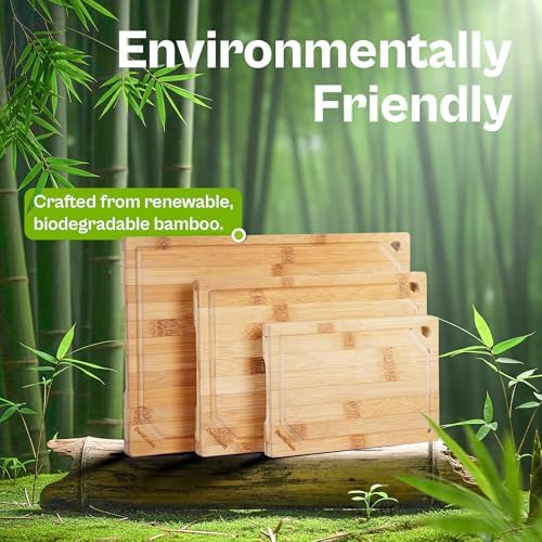 Bamboo Cutting Board Set of 3 for Kitchen, Reversible Bamboo Cutting
