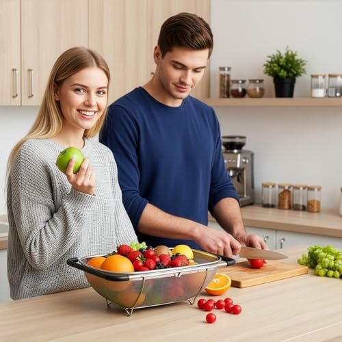 2 Pack Over-the-Sink Oval Colander, Stainless Steel, 6 Quart
