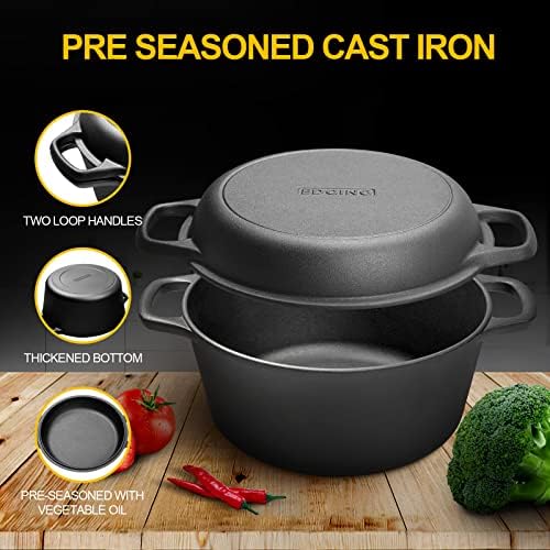 EDGING CASTING 2-in-1 Pre-Seasoned Cast Iron Dutch Oven Pot with