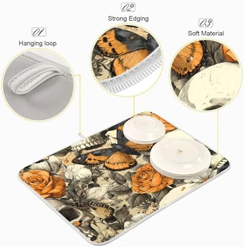 OTVEE Crows and Skull Art Dish Drying Mat for Kitchen Counter