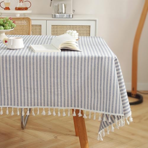 meioro Rectangle Striped Tassels Tablecloth Cotton Blend Stain and