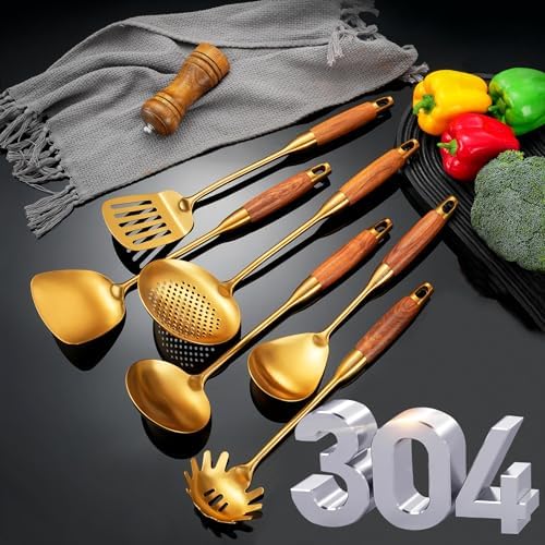 Gold Kitchen Utensils Stainless Steel with Wooden Handle 6 PCS