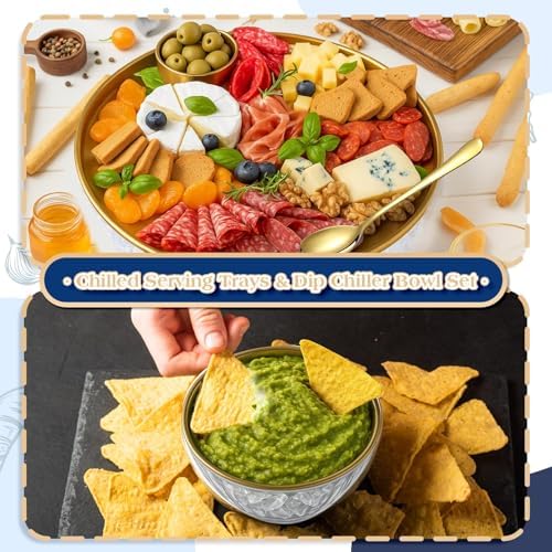 4 Set Gold Chilled Serving Tray and Dip Bowl for Parties, Chilled