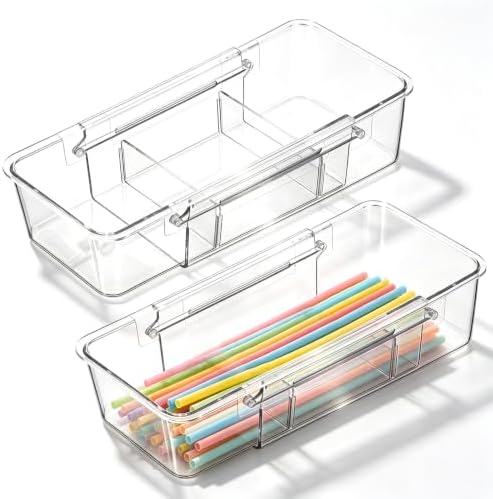 2 Pack Expandable Straw Organizer Drawer for Cabinet, Adjustable Straw