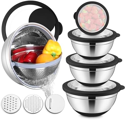 E-far Stainless Steel Mixing Bowls with Lids & Colander, 15PCS
