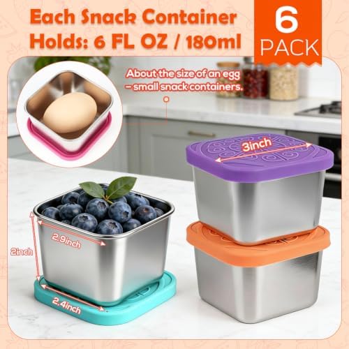 YQL 6-Pack 6oz Square Stainless Steel Snack Containers for Kids
