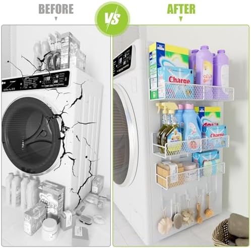 4 Pack Magnetic Shelves for Washing Machine with Hooks, White