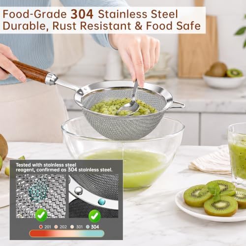 Fine Mesh Strainer Set, 30 Mesh 304 Stainless Steel Kitchen Sieve with