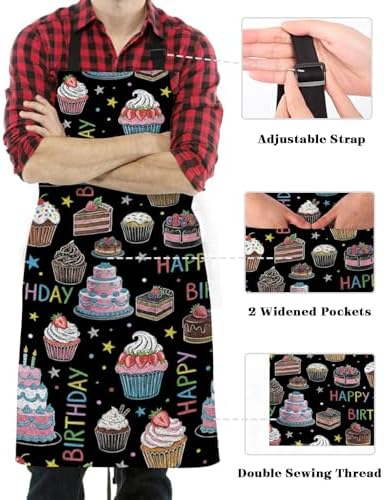 Happy Birthday Aprons for Women Men with Pockets, Cartoon Funny