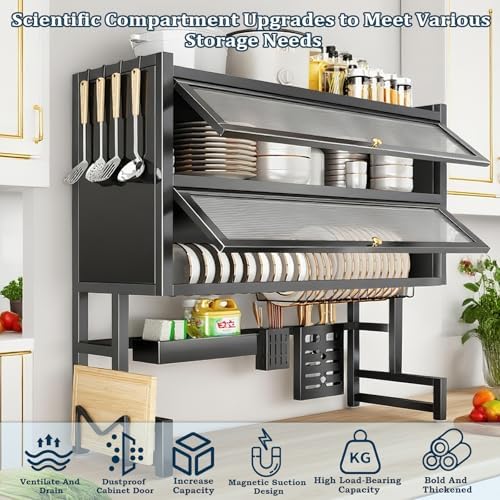 Dish Drying Rack 4 Tiers with Cover, Keep Kitchen Sink Shlef Organized Space-Saving, Large Drying Rack for Dishes, Glasses, Bowls, Cutlery Black (41.3''Double)
