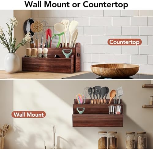 Kitchen Utensil Holder for Countertop, Large Wooden Utensil Organizer