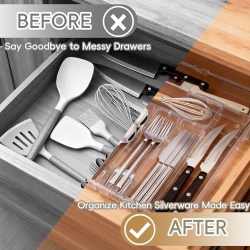 Expandable Silverware Organizers for Kitchen Drawer, Clear Utensil