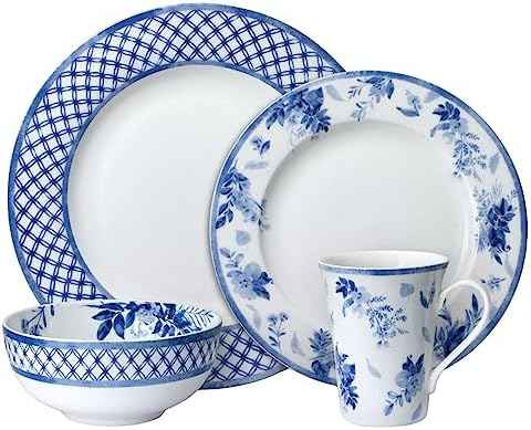 Mikasa Kiley Bone China Lightweight Chip Resistant 16 Piece Dinnerware Set, Service for 4,Blue and White