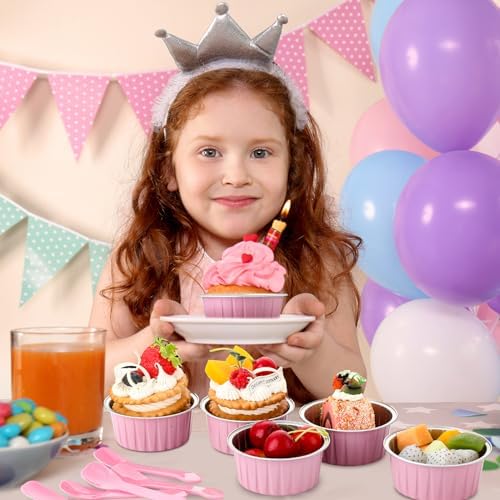 Hushee 300 Set Aluminum Foil Baking Cups with Lid Spoons, Round, Pink