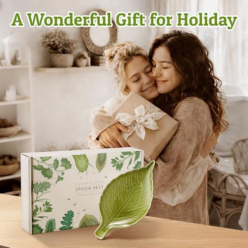 Green Ceramic Leaf Spoon Rest for Stovetop & Kitchen Counter, 1-Pack