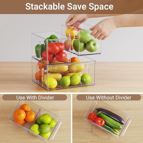 Clear Plastic Storage Bins with Dividers for Fridge Pantry Organizers