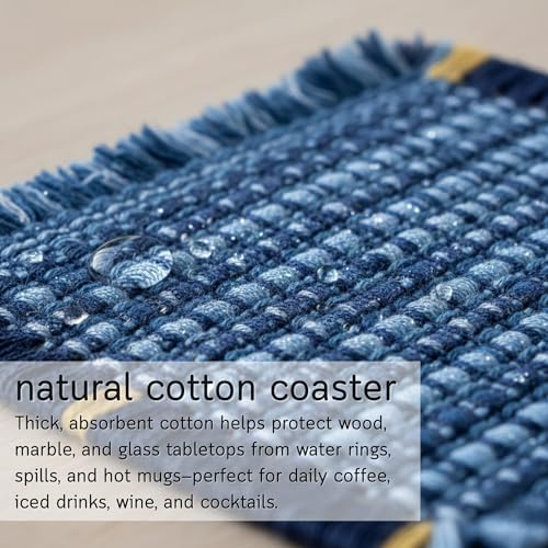 Boho Woven Coasters for Coffee Table Decor - Set of 6, Absorbent Blue