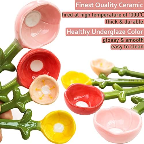 Flower Measuring Spoons Set in Pot Unique Baking Gifts Ceramic Cute
