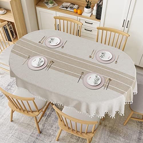 HOMBYS Solid Embroidery Oval Tablecloth with Tassels for Oval Table