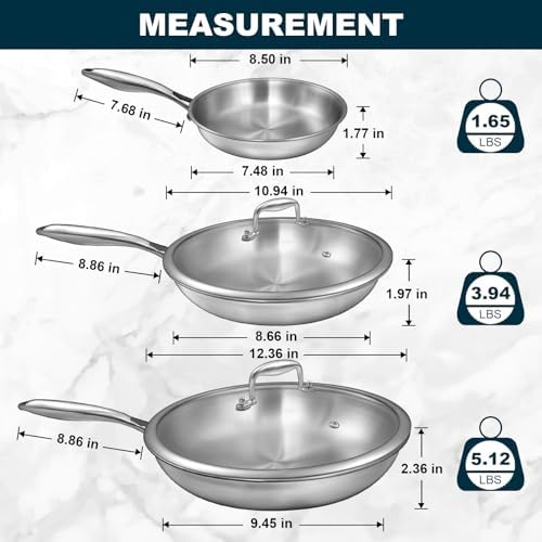 EWFEN Tri-Ply Stainless Steel Frying Pans Set with Lid, 8”/10”/12”
