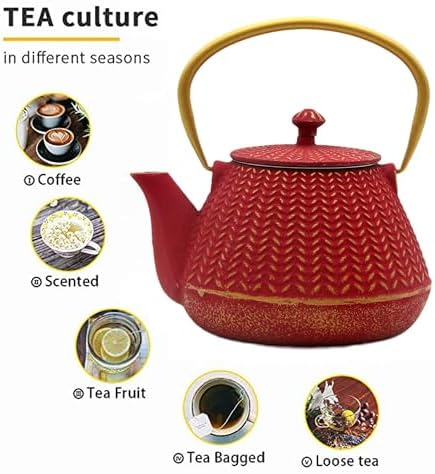 Red Cast Iron Tea Kettle, 1000ml with Infuser