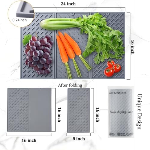 Silicone Dish Drying Mat for Kitchen Counter, Collapsible Trifold