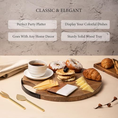 Wooden Round Serving Platter Tray 14'' with Metal Handle | Handmade