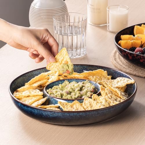 Ceramic Chips and Dip Serving Tray - Large Divided Party Bowl Set for Salsa, Veggies, Fruit & Snacks - Modern Minimalist Appetizer Platter with Unique Kiln-Change Glaze (Blue Marbled)