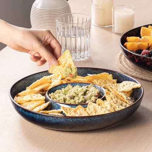 Ceramic Chips and Dip Serving Tray - Large Divided Party Bowl Set for Salsa, Veggies, Fruit & Snacks - Modern Minimalist Appetizer Platter with Unique Kiln-Change Glaze (Red Speckled)
