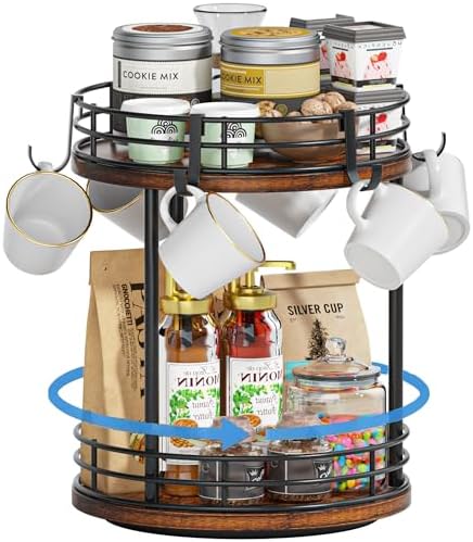 Rotating Coffee Mug Holder Rack Stand, 2 Tier Wooden Coffee Station
