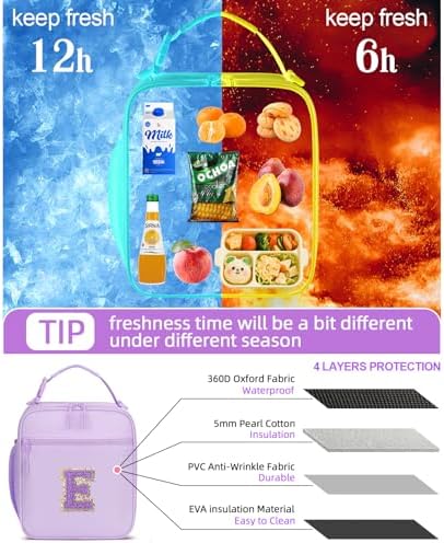 Initial Insulated Lunch Bag for Girls, Purple