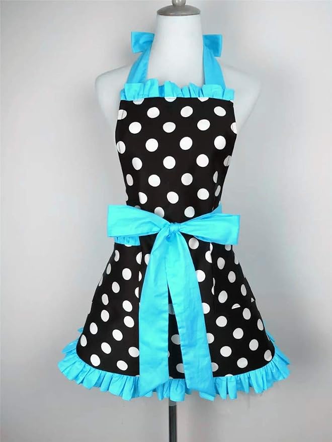Hyzrz Cute Apron Retro Black Polka Dot Retro Ruffle Side Vintage Cooking Aprons - Image 3