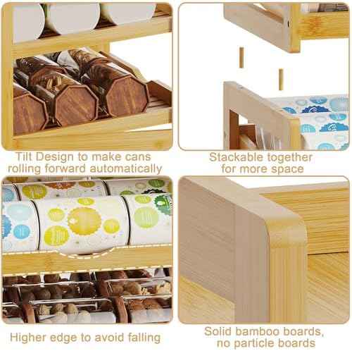 BAMBANG Can Organizer for Pantry, 4 Tier Stackable Bamboo Canned Food Storage Rack, Rolling Soda Can Dispenser Holds Up to 48 Cans, Detachable Can Organizer for Cabinet, Natural