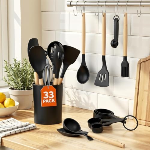 33Pcs Kitchen Utensils Set Silicone Cooking Utensils Set with Wooden