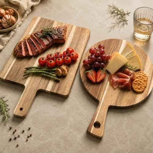 Acacia Wood Cutting Boards with Handle Set of 2, Charcuterie Boards for Cheese, Pizza, Bread, Steak & Appetizers, Round & Rectangle Decorative Serving Boards