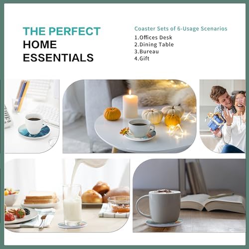 Ceramic Coasters Set of 6 with Holder, Absorbent, 4" Marble Blue Ocean