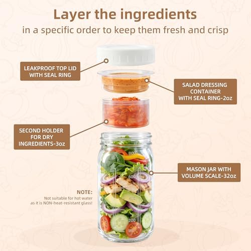 4Pack Glass Salad Jars with lids meal prep- 32oz Leakproof container