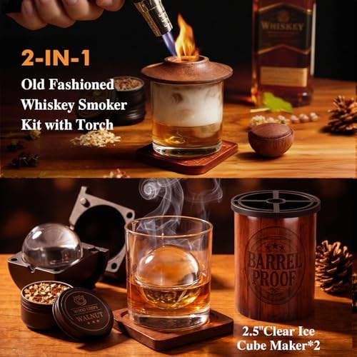 Whiskey Smoker Kit with Torch & 2 Clear Ice Maker, Old Fashioned