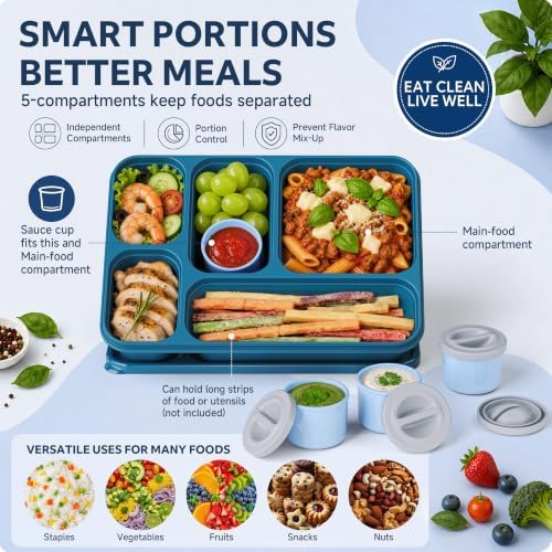 4 Packs Bento Snack Box Container for Adults with 4 Sauce Cups, Blue